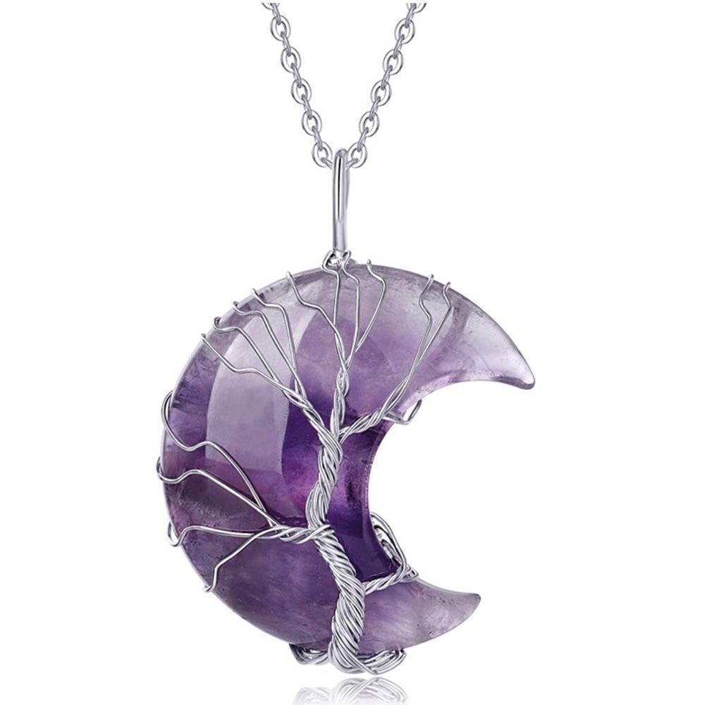 Silver and Natural Amethyst Crescent Moon Tree of Life Pendant Necklace